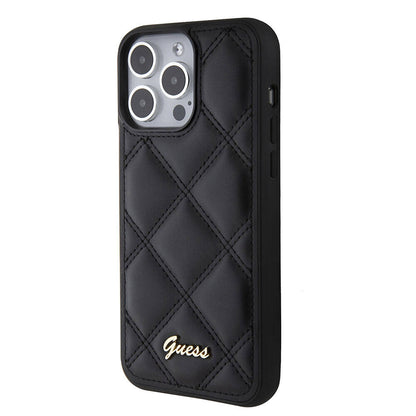 iPhone 15 Pro Max Kılıf Guess Orjinal Lisanslı PU Deri Metal Yazı Logolu Kapitone Kılıf