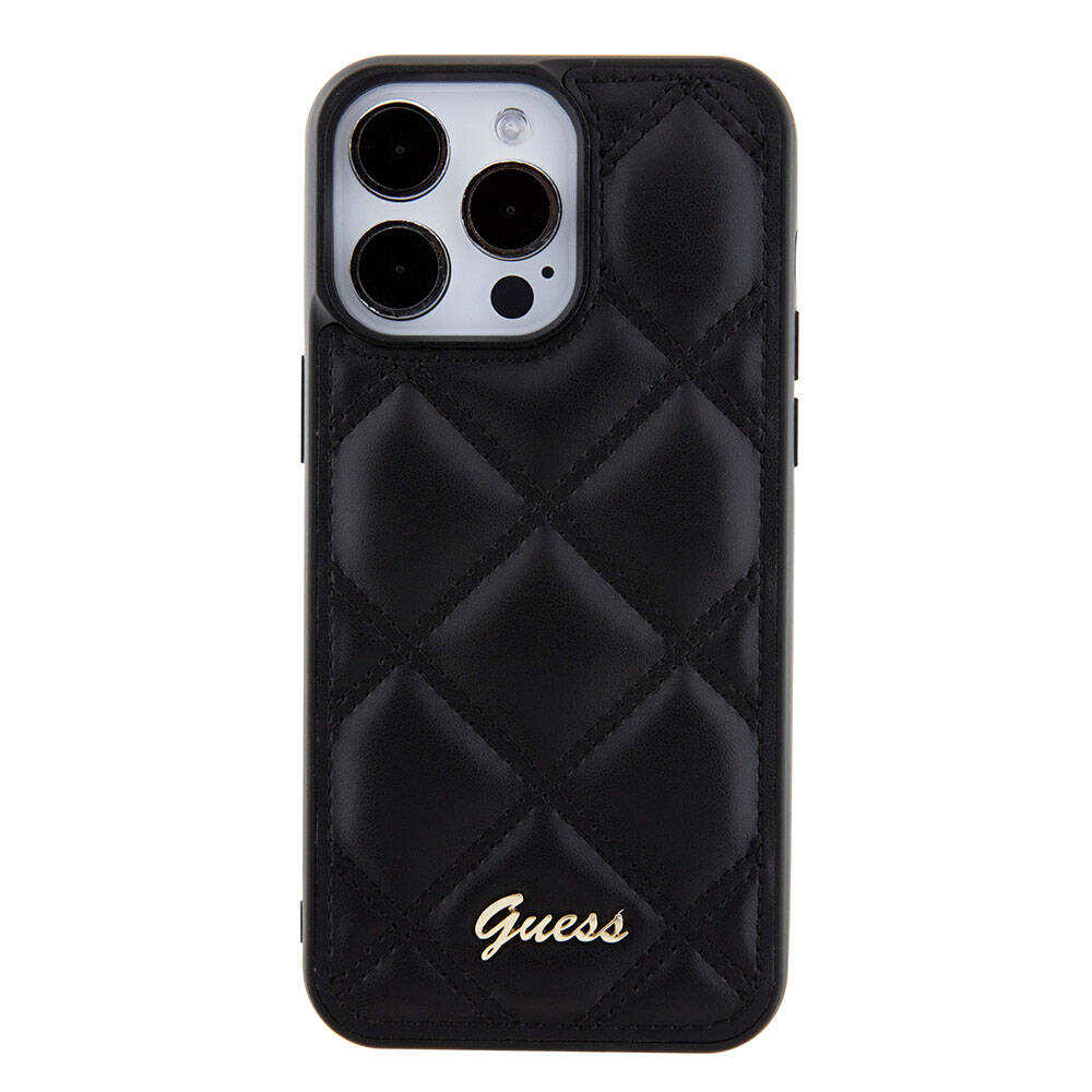iPhone 15 Pro Max Kılıf Guess Orjinal Lisanslı PU Deri Metal Yazı Logolu Kapitone Kılıf