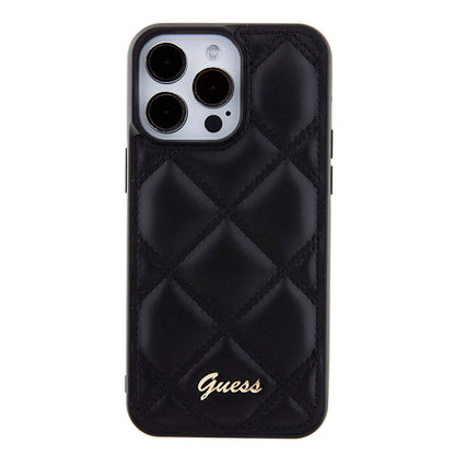 iPhone 15 Pro Max Kılıf Guess Orjinal Lisanslı PU Deri Metal Yazı Logolu Kapitone Kılıf