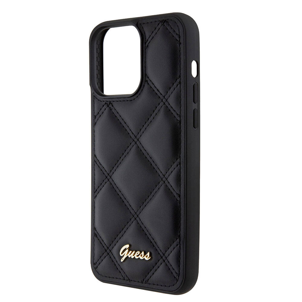 iPhone 15 Pro Max Kılıf Guess Orjinal Lisanslı PU Deri Metal Yazı Logolu Kapitone Kılıf