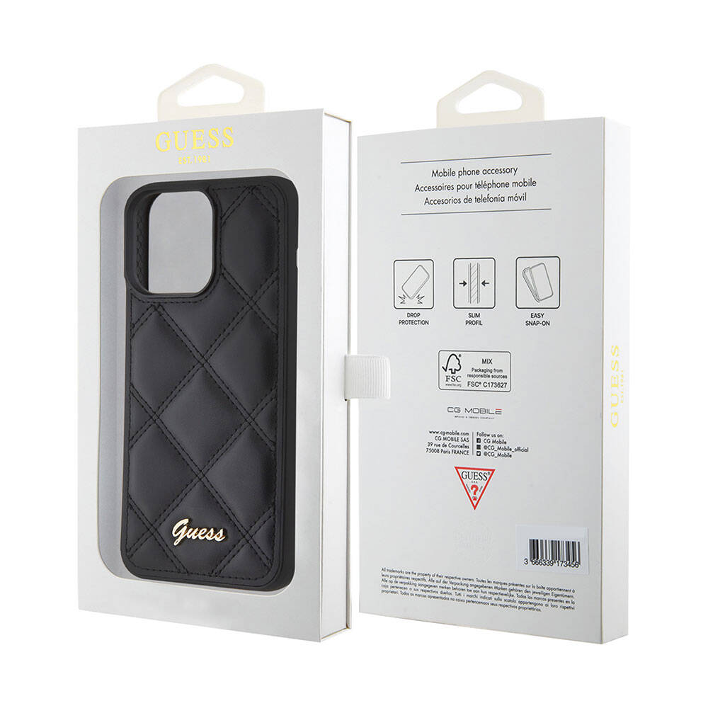 iPhone 15 Pro Max Kılıf Guess Orjinal Lisanslı PU Deri Metal Yazı Logolu Kapitone Kılıf