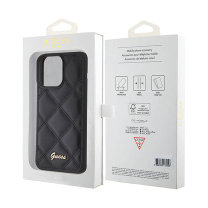 iPhone 15 Pro Max Kılıf Guess Orjinal Lisanslı PU Deri Metal Yazı Logolu Kapitone Kılıf