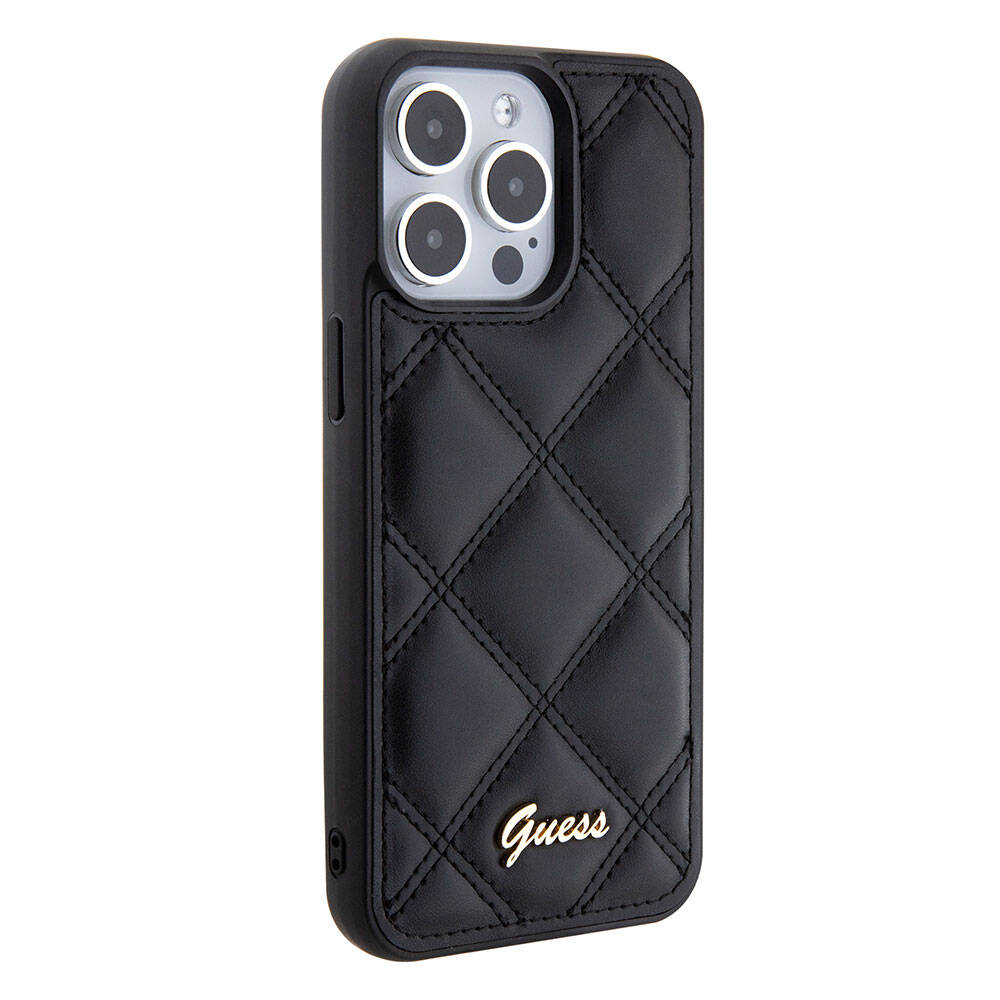 iPhone 15 Pro Max Kılıf Guess Orjinal Lisanslı PU Deri Metal Yazı Logolu Kapitone Kılıf