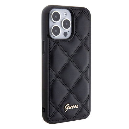 iPhone 15 Pro Max Kılıf Guess Orjinal Lisanslı PU Deri Metal Yazı Logolu Kapitone Kılıf