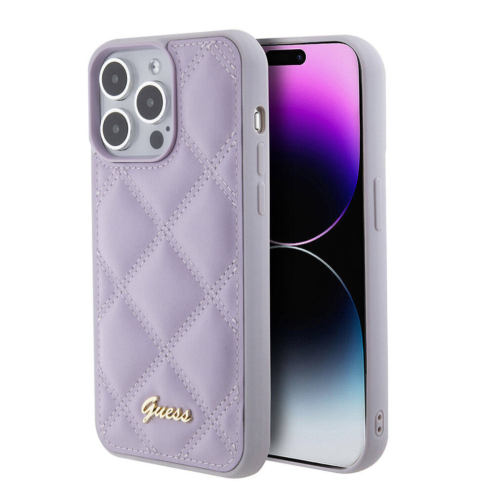 iPhone 15 Pro Max Kılıf Guess Orjinal Lisanslı PU Deri Metal Yazı Logolu Kapitone Kılıf