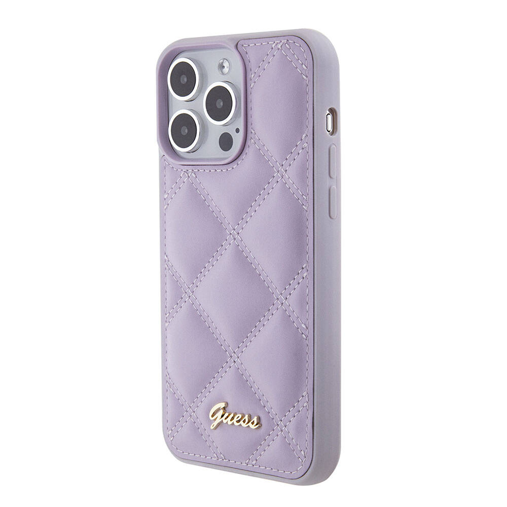 iPhone 15 Pro Max Kılıf Guess Orjinal Lisanslı PU Deri Metal Yazı Logolu Kapitone Kılıf