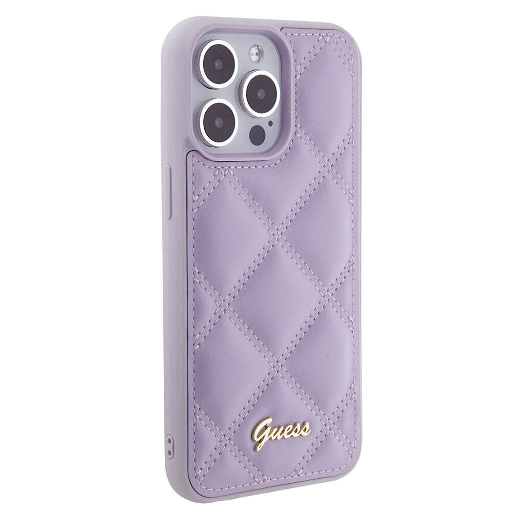 iPhone 15 Pro Max Kılıf Guess Orjinal Lisanslı PU Deri Metal Yazı Logolu Kapitone Kılıf