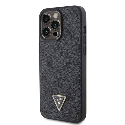 iPhone 15 Pro Max Kılıf Guess Orjinal Lisanslı PU Deri Taşlı Üçgen Logo 4G Desenli Strass Kılıf