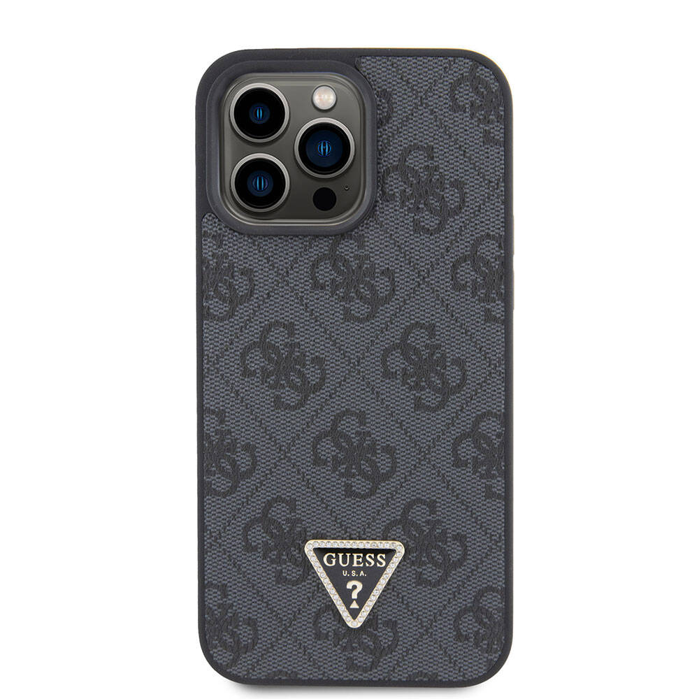 iPhone 15 Pro Max Kılıf Guess Orjinal Lisanslı PU Deri Taşlı Üçgen Logo 4G Desenli Strass Kılıf