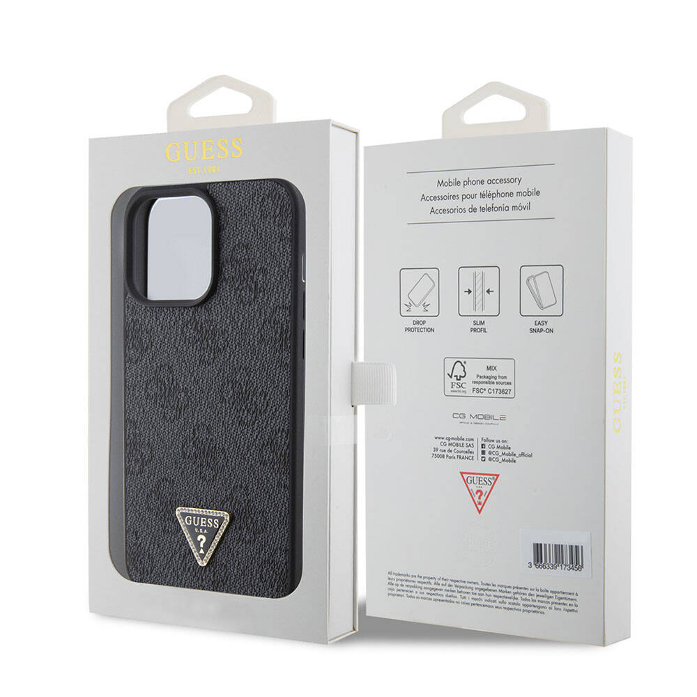 iPhone 15 Pro Max Kılıf Guess Orjinal Lisanslı PU Deri Taşlı Üçgen Logo 4G Desenli Strass Kılıf