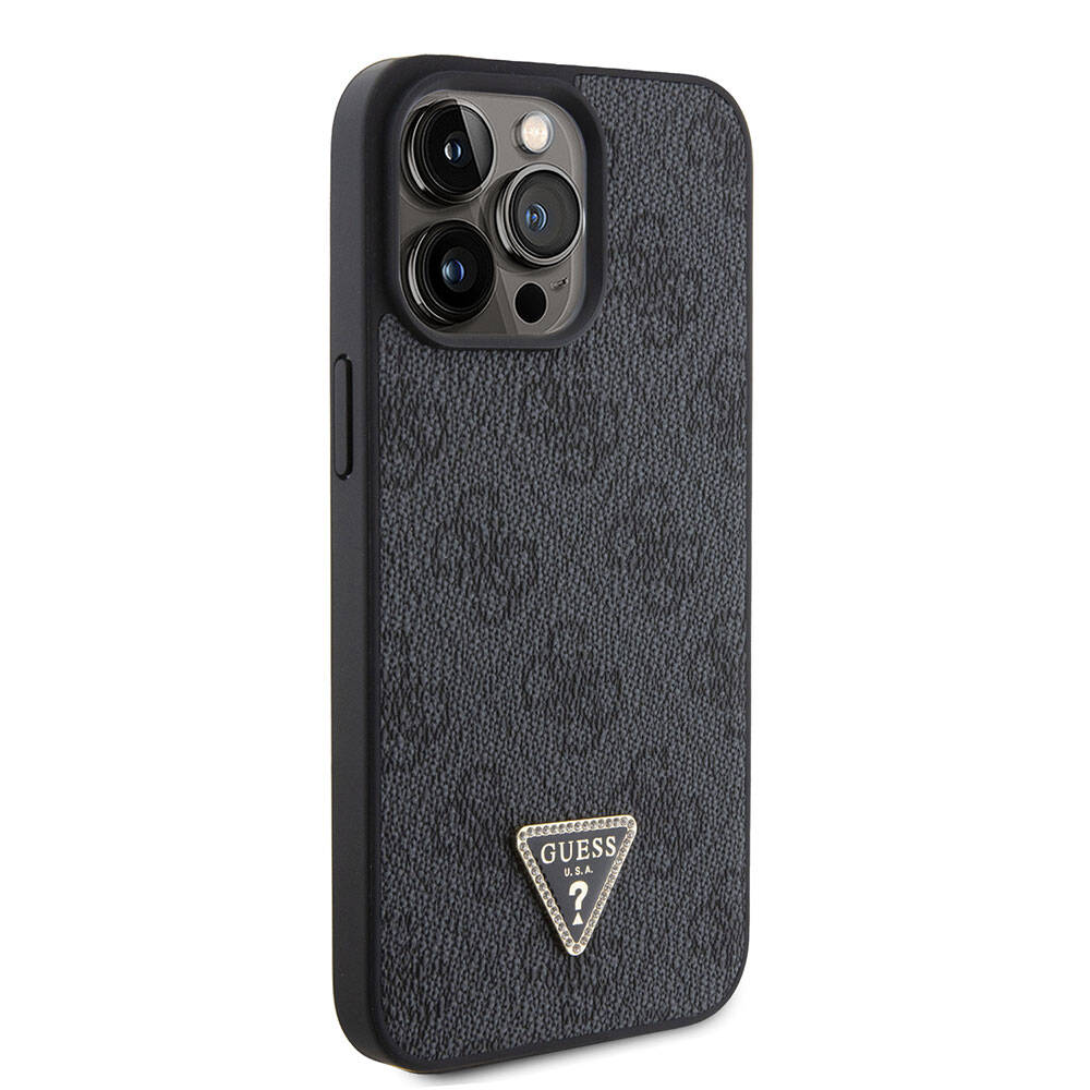 iPhone 15 Pro Max Kılıf Guess Orjinal Lisanslı PU Deri Taşlı Üçgen Logo 4G Desenli Strass Kılıf