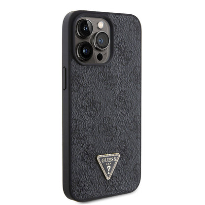 iPhone 15 Pro Max Kılıf Guess Orjinal Lisanslı PU Deri Taşlı Üçgen Logo 4G Desenli Strass Kılıf