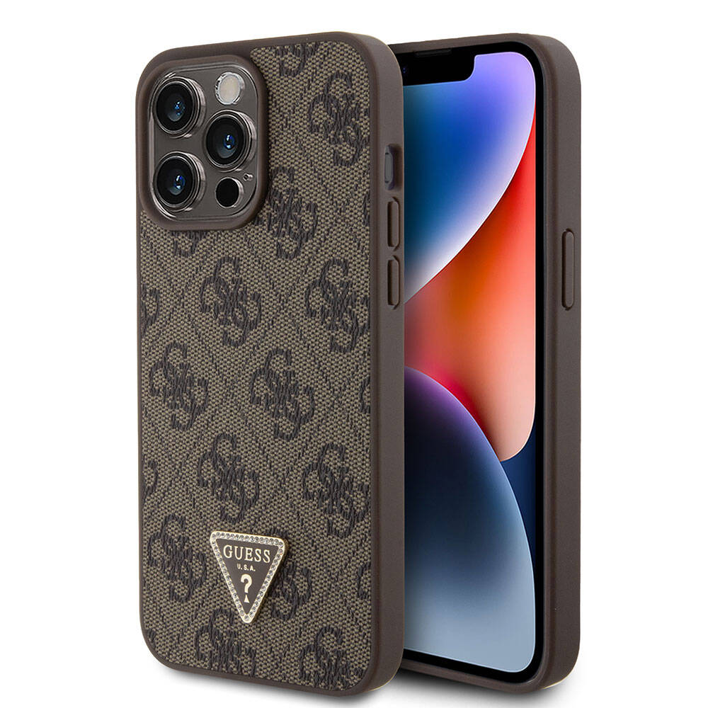 iPhone 15 Pro Max Kılıf Guess Orjinal Lisanslı PU Deri Taşlı Üçgen Logo 4G Desenli Strass Kılıf