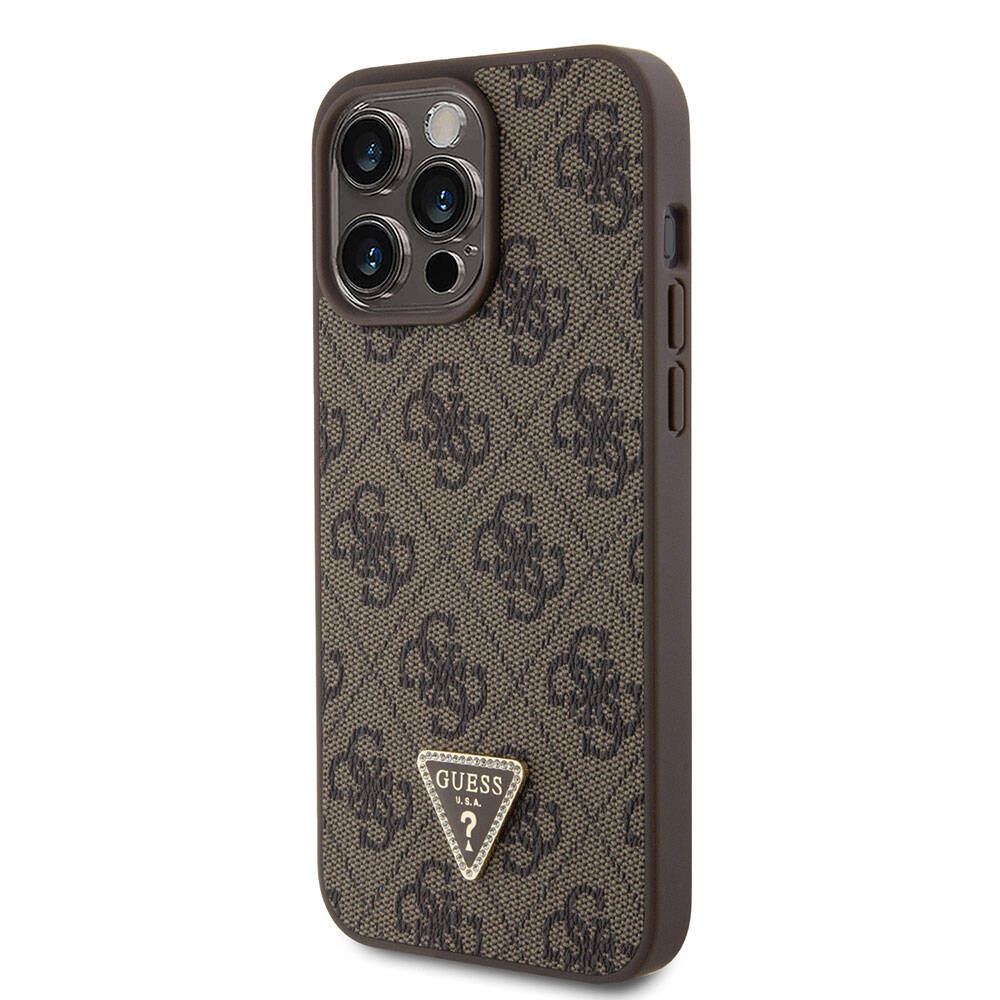 iPhone 15 Pro Max Kılıf Guess Orjinal Lisanslı PU Deri Taşlı Üçgen Logo 4G Desenli Strass Kılıf