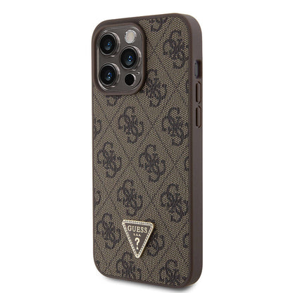 iPhone 15 Pro Max Kılıf Guess Orjinal Lisanslı PU Deri Taşlı Üçgen Logo 4G Desenli Strass Kılıf