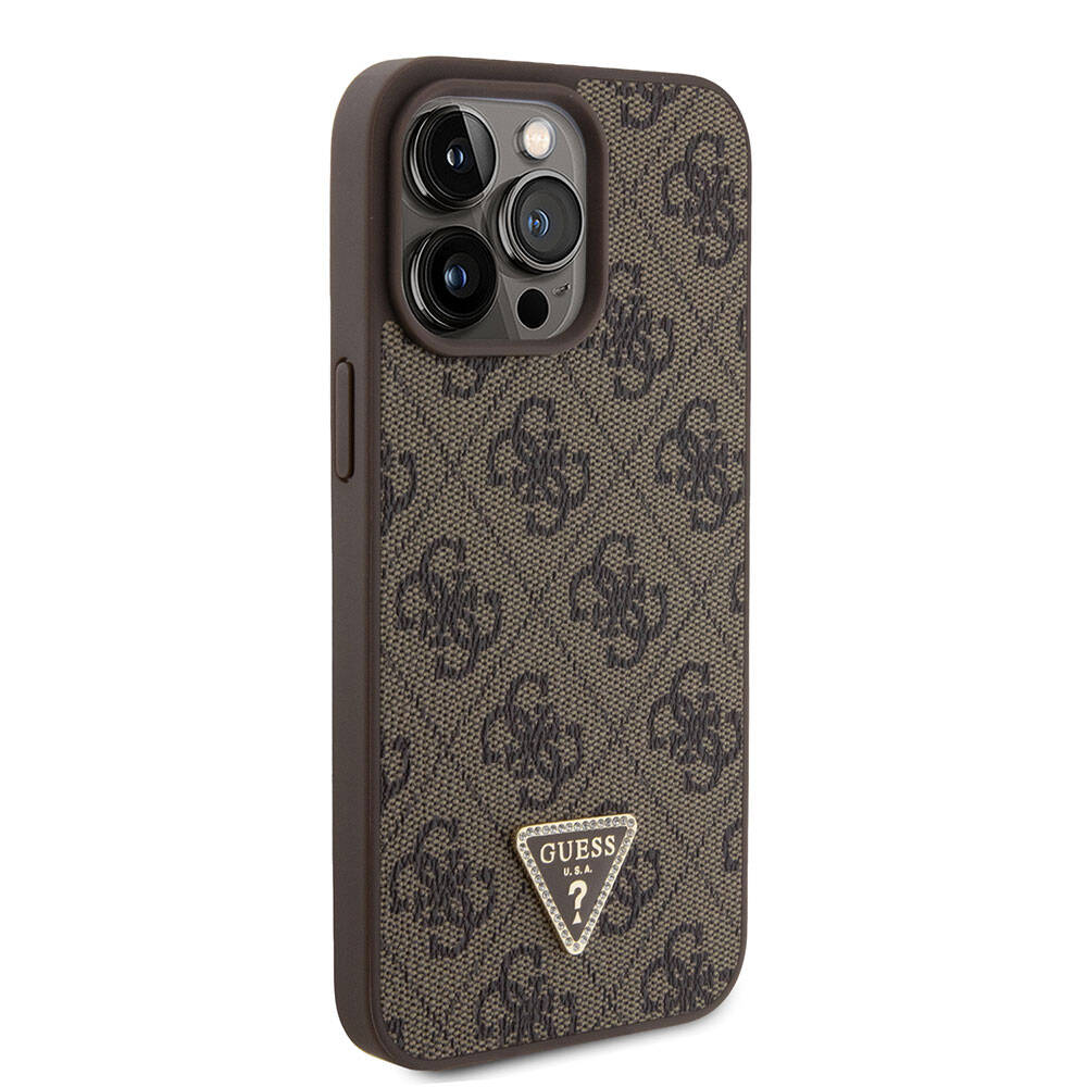 iPhone 15 Pro Max Kılıf Guess Orjinal Lisanslı PU Deri Taşlı Üçgen Logo 4G Desenli Strass Kılıf