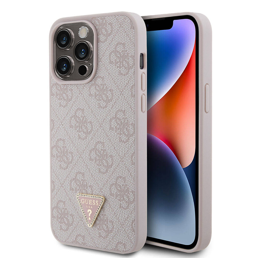 iPhone 15 Pro Max Kılıf Guess Orjinal Lisanslı PU Deri Taşlı Üçgen Logo 4G Desenli Strass Kılıf