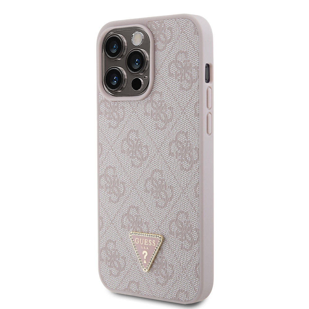 iPhone 15 Pro Max Kılıf Guess Orjinal Lisanslı PU Deri Taşlı Üçgen Logo 4G Desenli Strass Kılıf