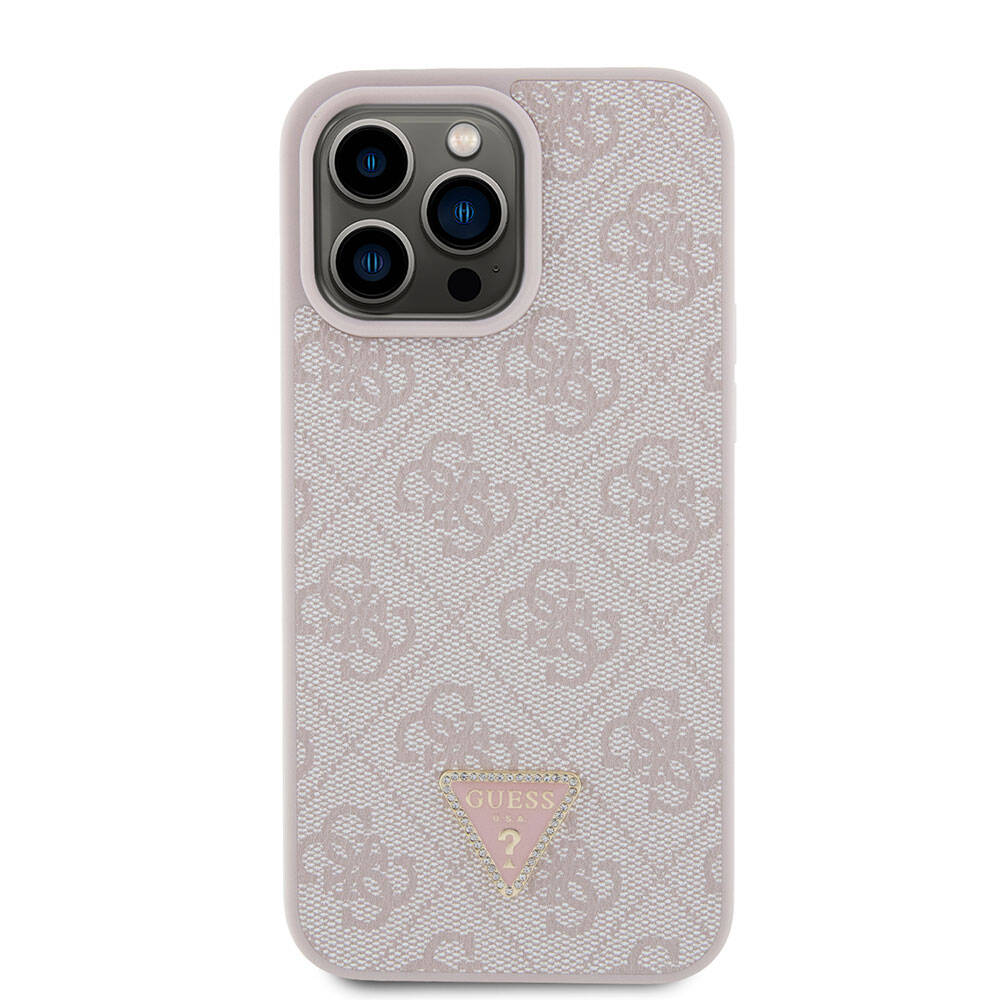 iPhone 15 Pro Max Kılıf Guess Orjinal Lisanslı PU Deri Taşlı Üçgen Logo 4G Desenli Strass Kılıf