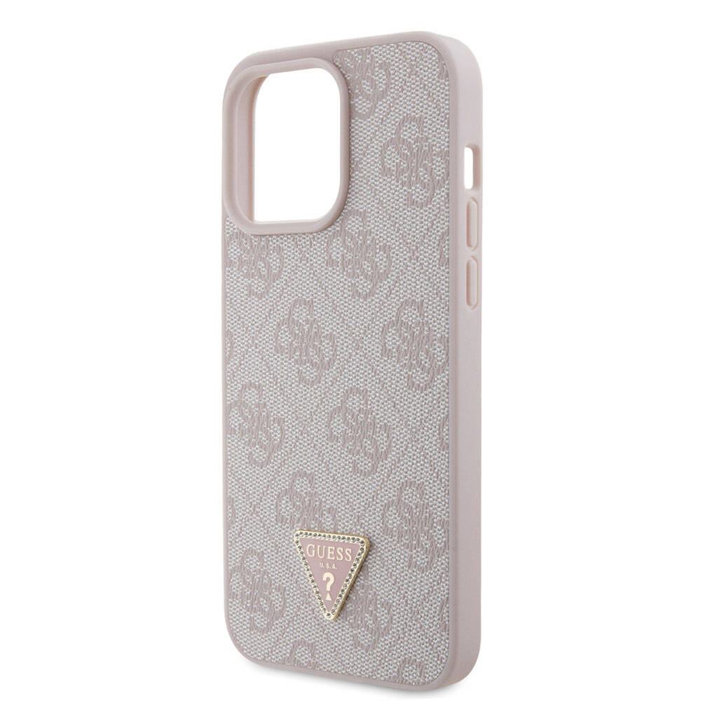 iPhone 15 Pro Max Kılıf Guess Orjinal Lisanslı PU Deri Taşlı Üçgen Logo 4G Desenli Strass Kılıf