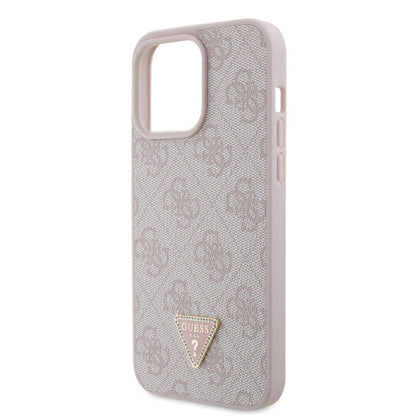 iPhone 15 Pro Max Kılıf Guess Orjinal Lisanslı PU Deri Taşlı Üçgen Logo 4G Desenli Strass Kılıf