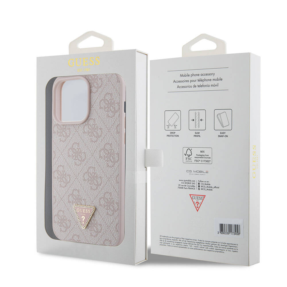 iPhone 15 Pro Max Kılıf Guess Orjinal Lisanslı PU Deri Taşlı Üçgen Logo 4G Desenli Strass Kılıf