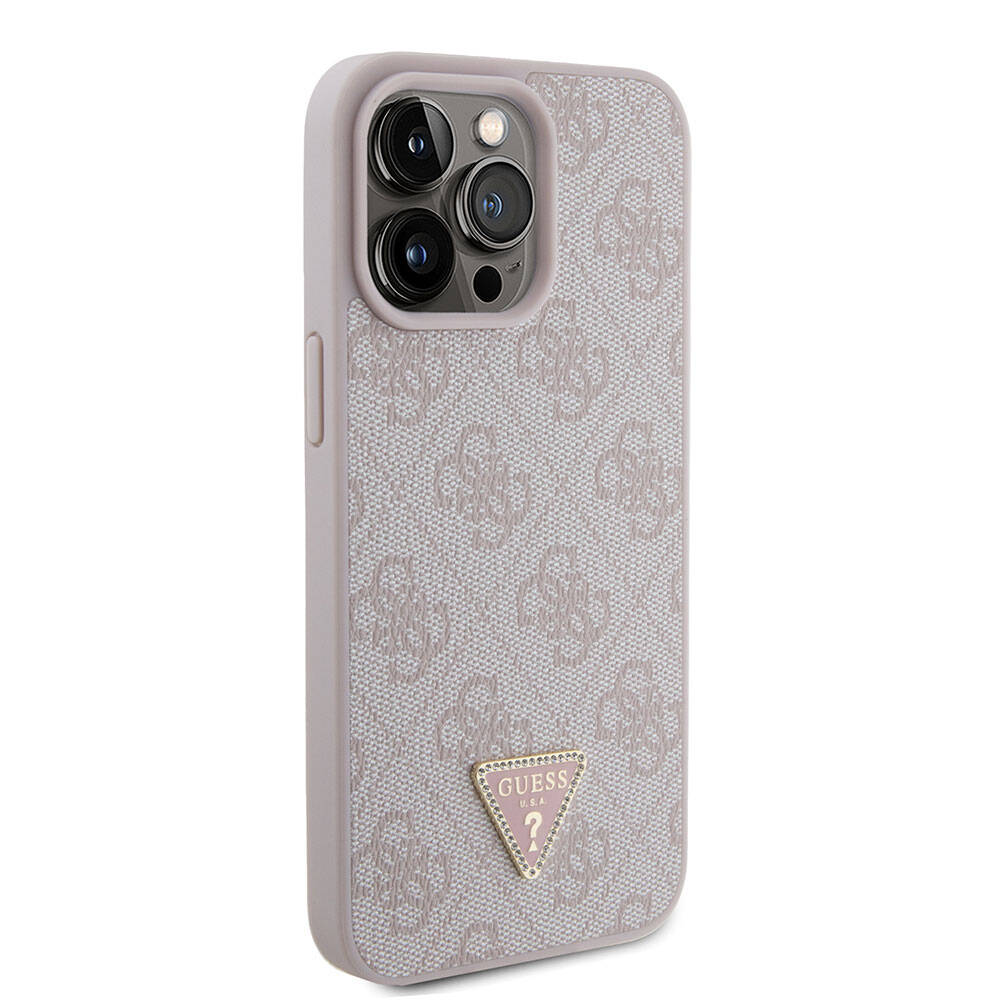 iPhone 15 Pro Max Kılıf Guess Orjinal Lisanslı PU Deri Taşlı Üçgen Logo 4G Desenli Strass Kılıf