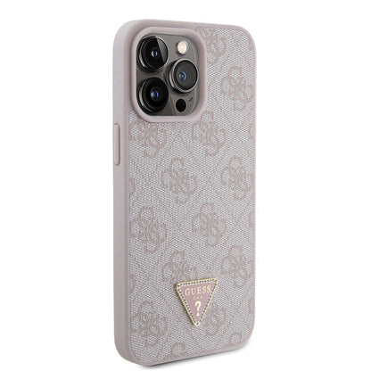 iPhone 15 Pro Max Kılıf Guess Orjinal Lisanslı PU Deri Taşlı Üçgen Logo 4G Desenli Strass Kılıf