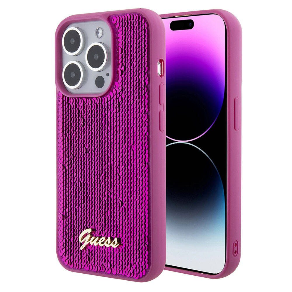 iPhone 15 Pro Max Kılıf Guess Orjinal Lisanslı Pullu Arka Yüzey Metal Yazı Logolu Sequin Script Kılıf