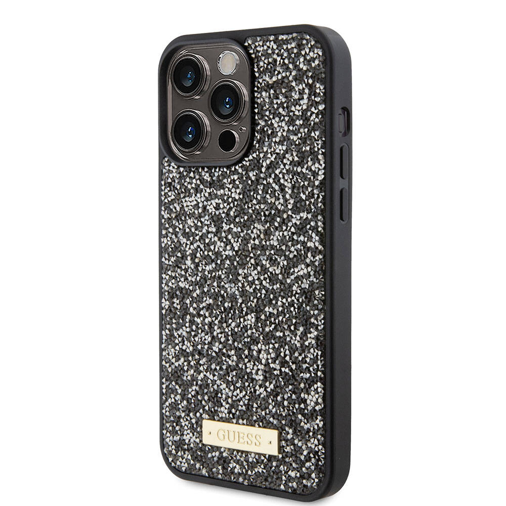 iPhone 15 Pro Max Kılıf Guess Orjinal Lisanslı Taşlı Arka Yüzey Metal Yazı Logolu Kılıf