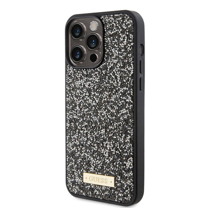 iPhone 15 Pro Max Kılıf Guess Orjinal Lisanslı Taşlı Arka Yüzey Metal Yazı Logolu Kılıf