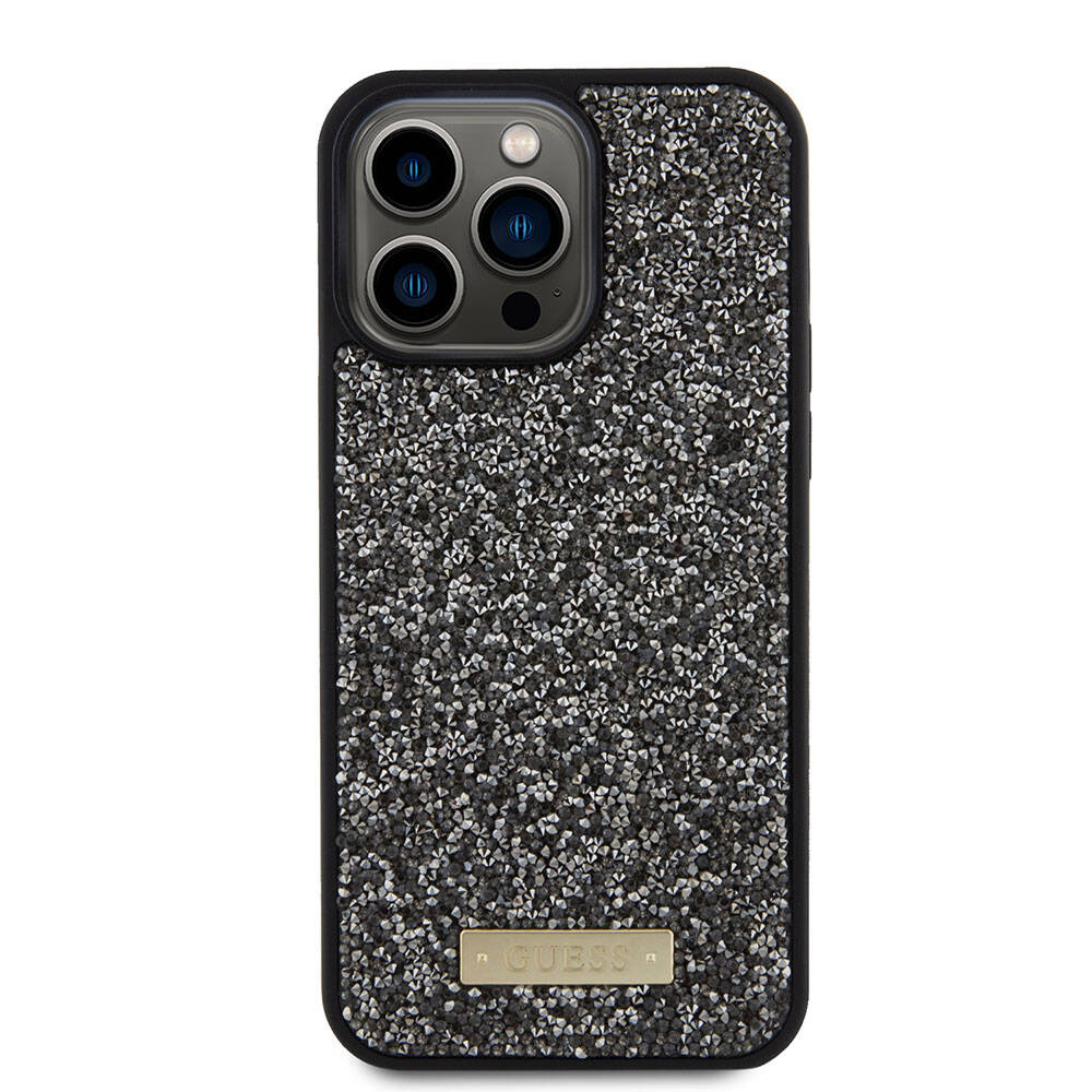 iPhone 15 Pro Max Kılıf Guess Orjinal Lisanslı Taşlı Arka Yüzey Metal Yazı Logolu Kılıf
