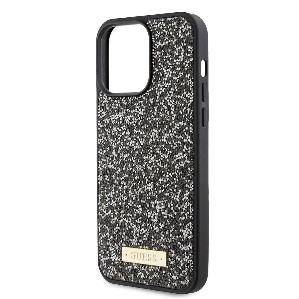 iPhone 15 Pro Max Kılıf Guess Orjinal Lisanslı Taşlı Arka Yüzey Metal Yazı Logolu Kılıf