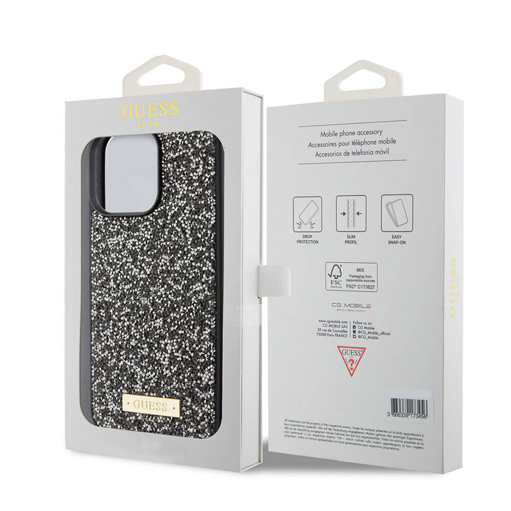 iPhone 15 Pro Max Kılıf Guess Orjinal Lisanslı Taşlı Arka Yüzey Metal Yazı Logolu Kılıf