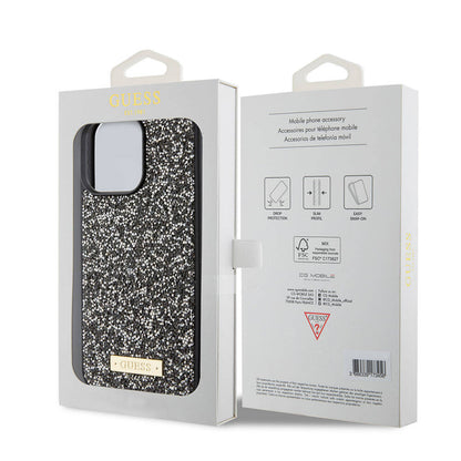 iPhone 15 Pro Max Kılıf Guess Orjinal Lisanslı Taşlı Arka Yüzey Metal Yazı Logolu Kılıf