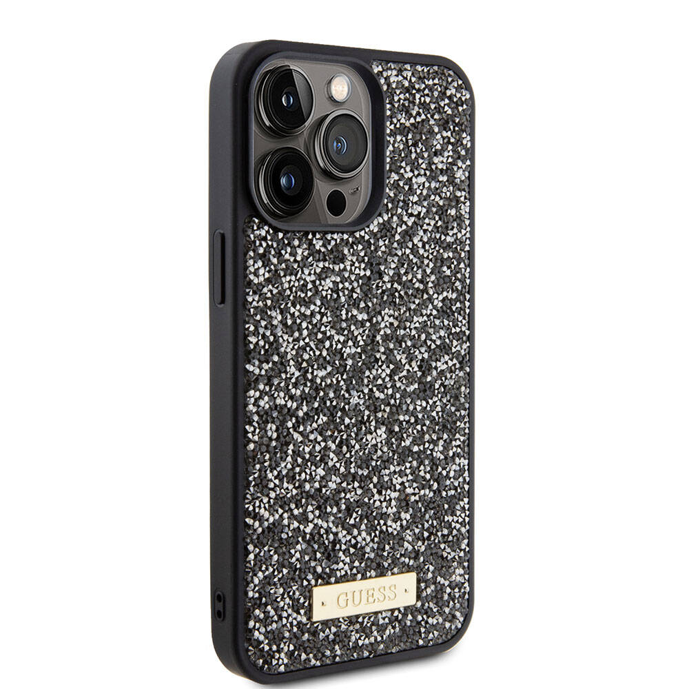 iPhone 15 Pro Max Kılıf Guess Orjinal Lisanslı Taşlı Arka Yüzey Metal Yazı Logolu Kılıf