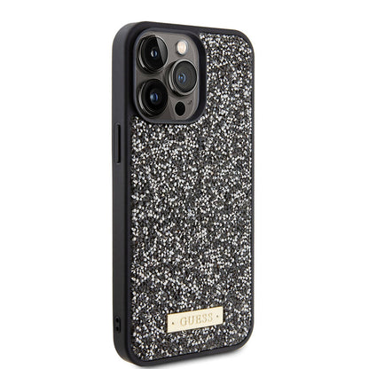 iPhone 15 Pro Max Kılıf Guess Orjinal Lisanslı Taşlı Arka Yüzey Metal Yazı Logolu Kılıf
