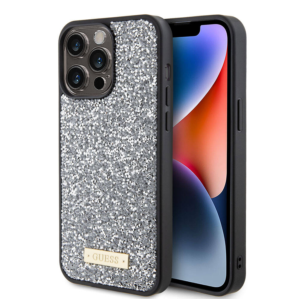 iPhone 15 Pro Max Kılıf Guess Orjinal Lisanslı Taşlı Arka Yüzey Metal Yazı Logolu Kılıf