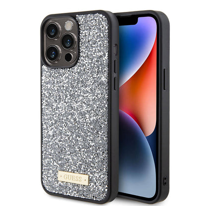 iPhone 15 Pro Max Kılıf Guess Orjinal Lisanslı Taşlı Arka Yüzey Metal Yazı Logolu Kılıf