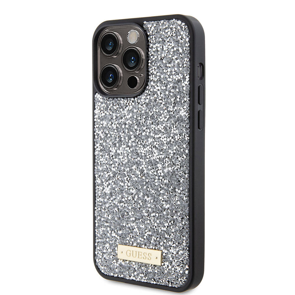 iPhone 15 Pro Max Kılıf Guess Orjinal Lisanslı Taşlı Arka Yüzey Metal Yazı Logolu Kılıf