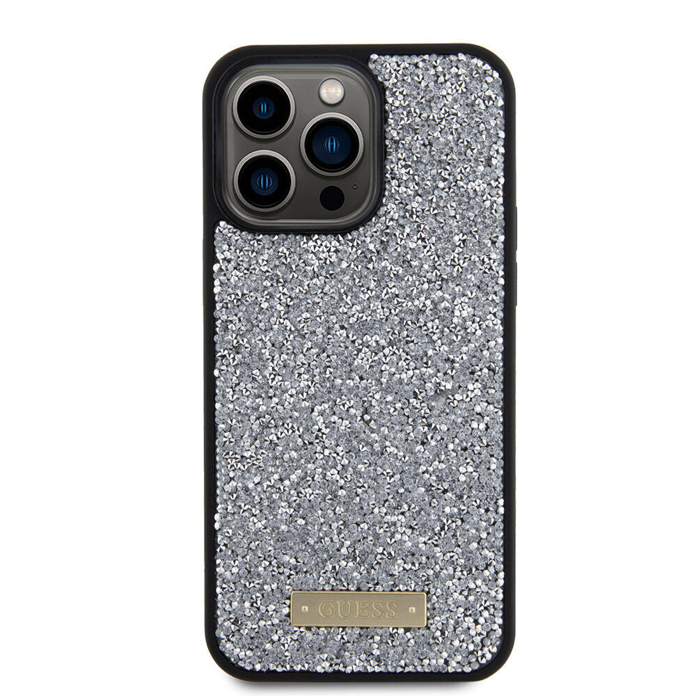 iPhone 15 Pro Max Kılıf Guess Orjinal Lisanslı Taşlı Arka Yüzey Metal Yazı Logolu Kılıf