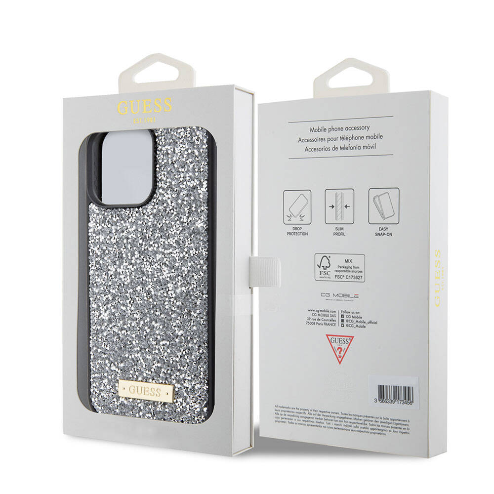 iPhone 15 Pro Max Kılıf Guess Orjinal Lisanslı Taşlı Arka Yüzey Metal Yazı Logolu Kılıf