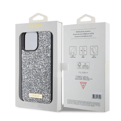 iPhone 15 Pro Max Kılıf Guess Orjinal Lisanslı Taşlı Arka Yüzey Metal Yazı Logolu Kılıf