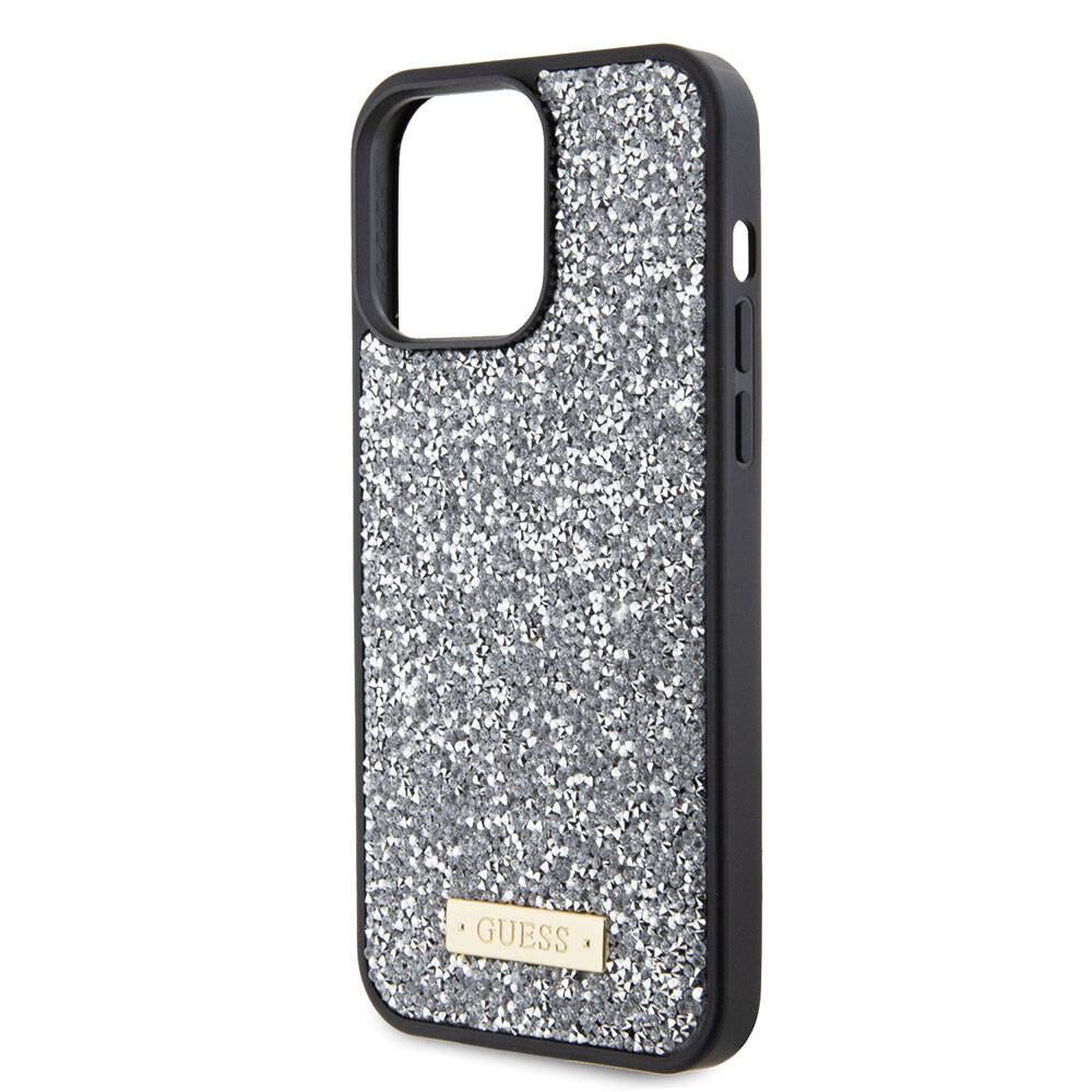 iPhone 15 Pro Max Kılıf Guess Orjinal Lisanslı Taşlı Arka Yüzey Metal Yazı Logolu Kılıf