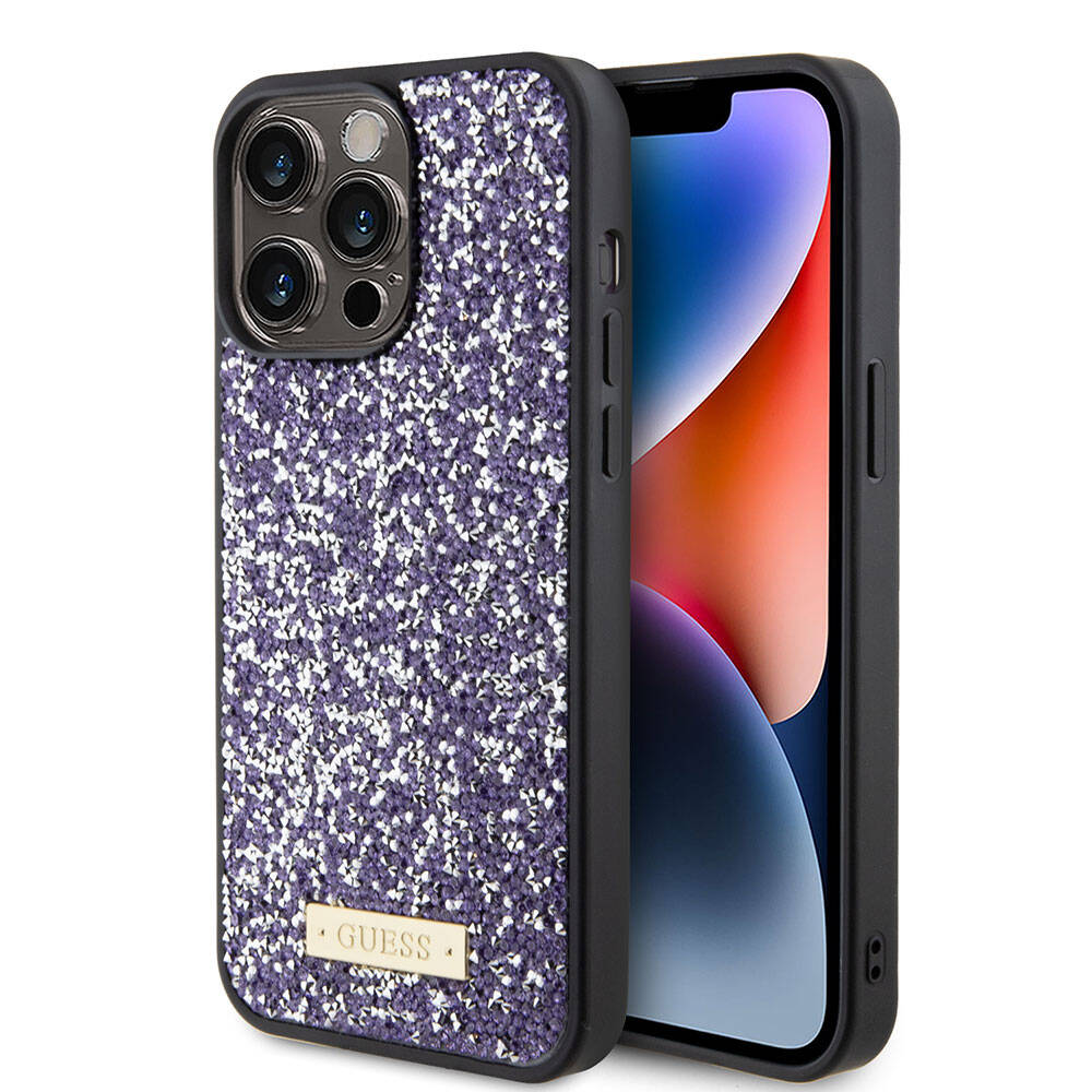 iPhone 15 Pro Max Kılıf Guess Orjinal Lisanslı Taşlı Arka Yüzey Metal Yazı Logolu Kılıf