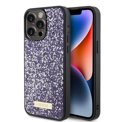 iPhone 15 Pro Max Kılıf Guess Orjinal Lisanslı Taşlı Arka Yüzey Metal Yazı Logolu Kılıf