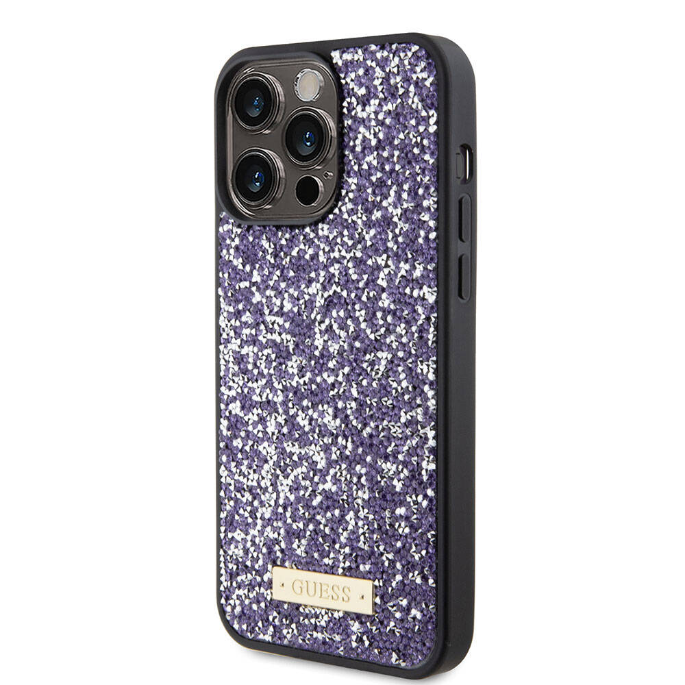 iPhone 15 Pro Max Kılıf Guess Orjinal Lisanslı Taşlı Arka Yüzey Metal Yazı Logolu Kılıf