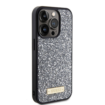 iPhone 15 Pro Max Kılıf Guess Orjinal Lisanslı Taşlı Arka Yüzey Metal Yazı Logolu Kılıf