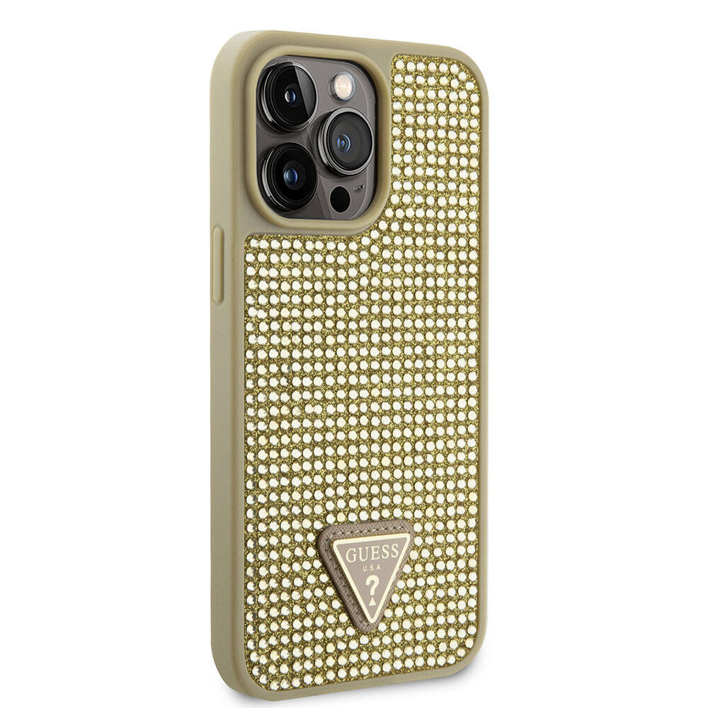 iPhone 15 Pro Max Kılıf Guess Orjinal Lisanslı Taşlı Arka Yüzey Üçgen Logolu Kılıf