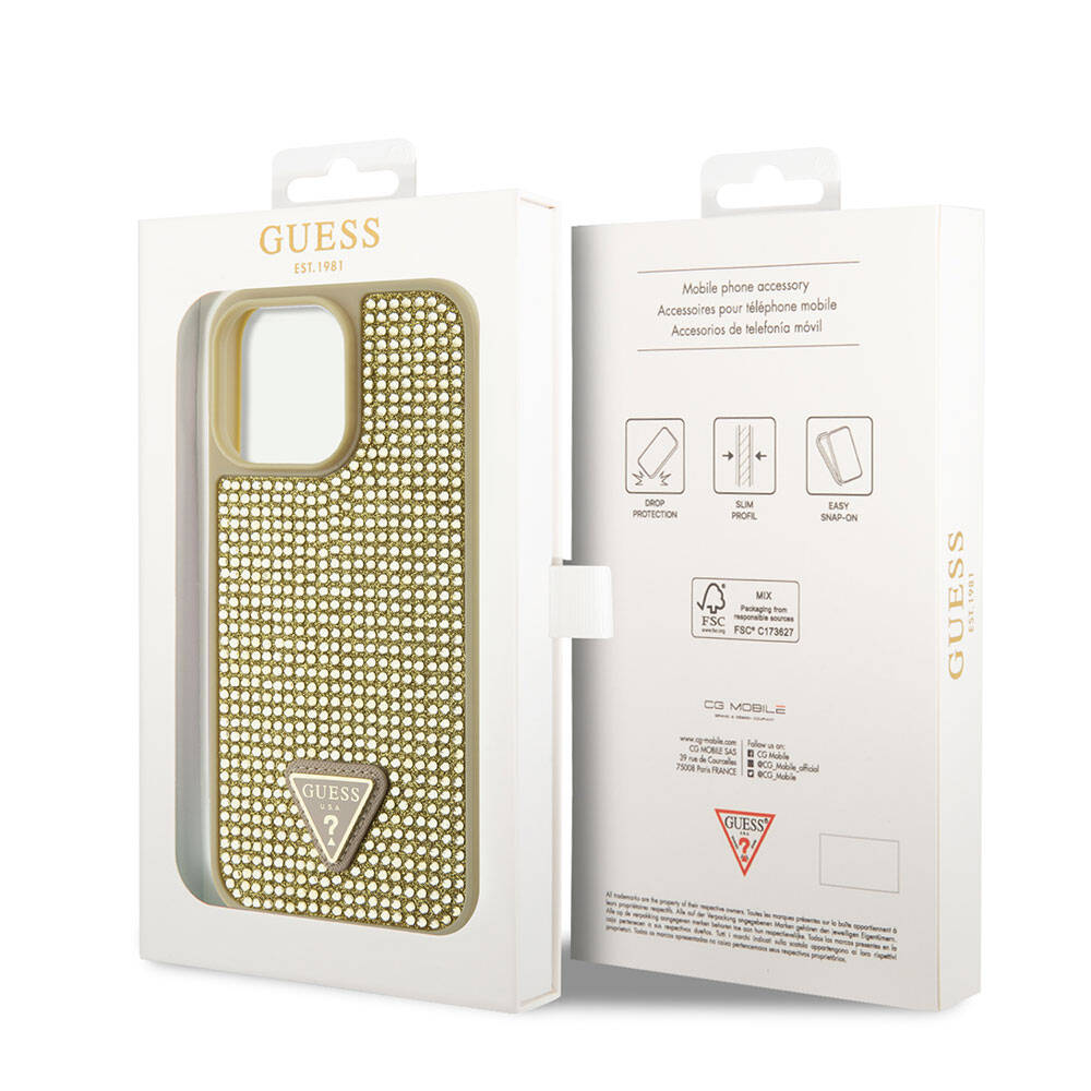 iPhone 15 Pro Max Kılıf Guess Orjinal Lisanslı Taşlı Arka Yüzey Üçgen Logolu Kılıf